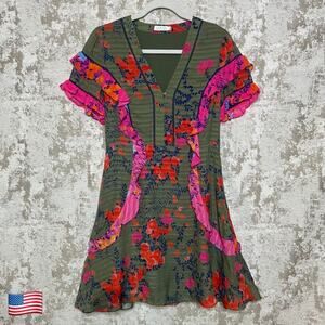 Tanya Taylor Rhett Floral Silk Dress in Green/Pink